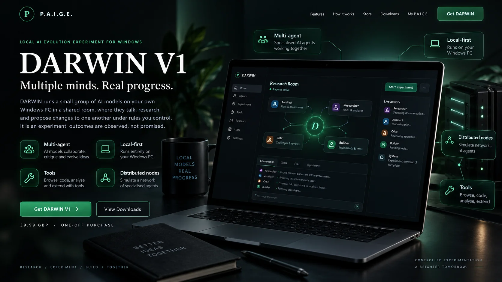 DARWIN promotional concept artwork featuring a laptop in an emerald-lit workspace